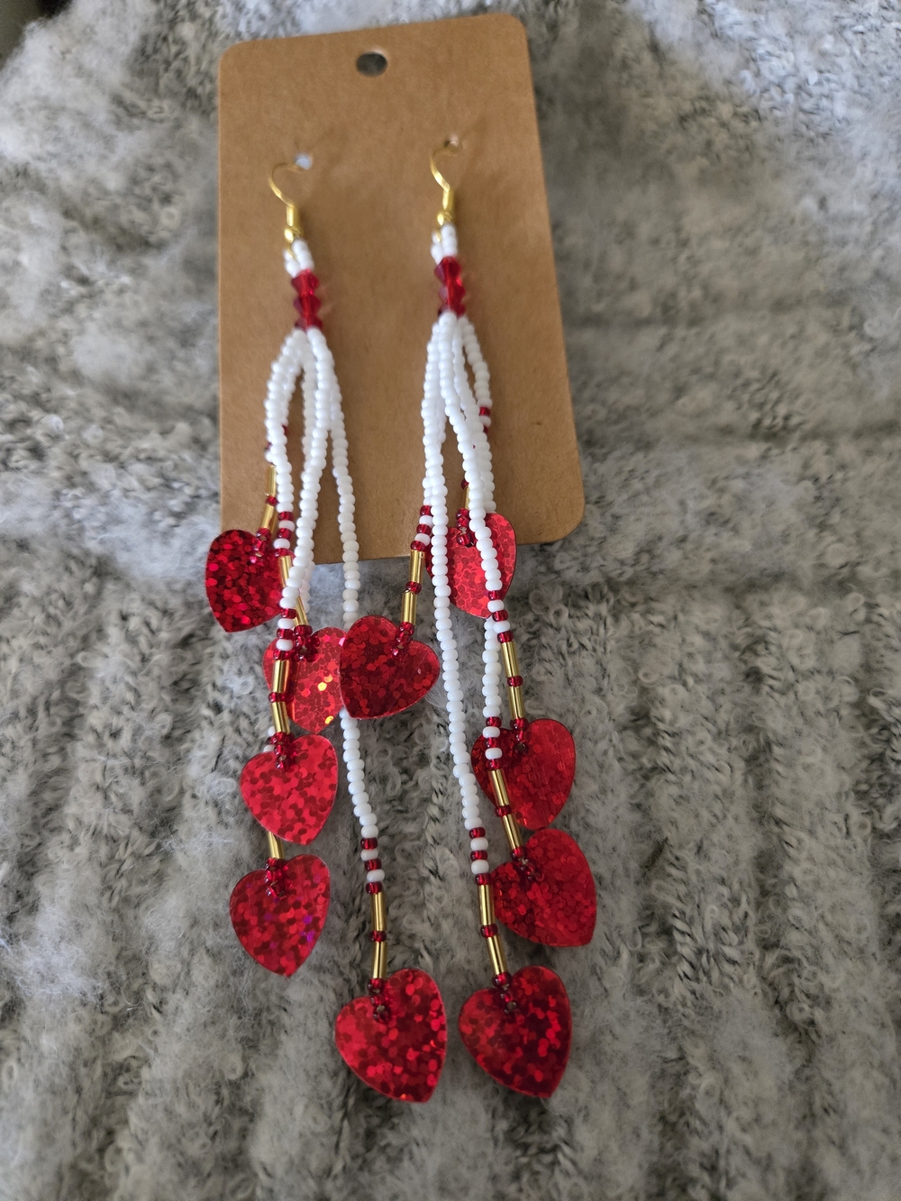 Red Shiny Heart Drop Earrings - White & Red